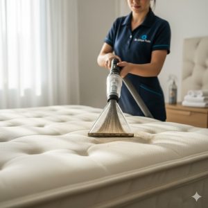 Profissional da Dr. Limpa Tudo realizando higienização de colchão em Brasília (DF) com máquina extratora.